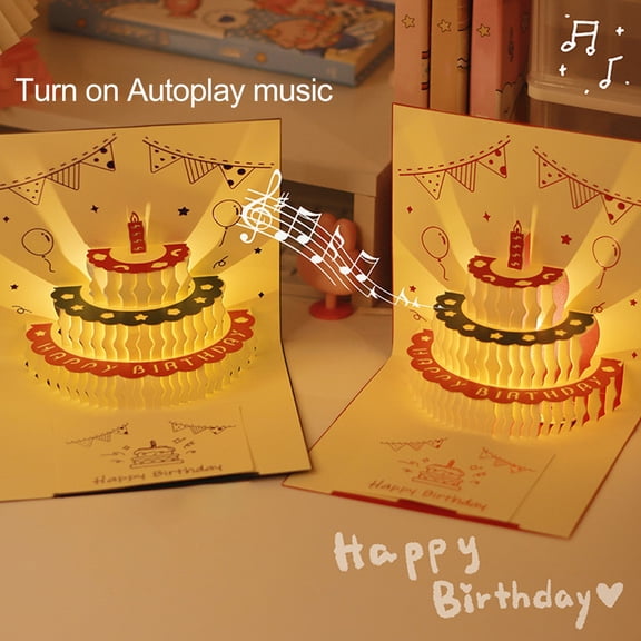Dserhfy 3D Birthday Card Pop-Up Greeting Card with Musical Lights Happy Birthday Card with Cake for Women Men Kids Friends