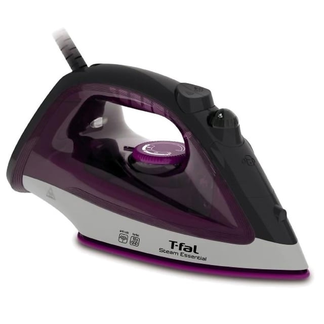 plancha de vapor steam essential fiusha steam essential essential cerámica violeta 1039 plancha de vapor T‑fal morada, vista lateral 3/4 con suela de cerámica EasyGliding; tanque translucido de 150 ml, perilla de temperatura ajustable, botón de spray y golpe de vapor de 50 g, cable superior y base con borde morado.