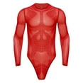 thumbnail image 3 of Miaeowve Men's Sheer Mesh Long Sleeve Bodysuit Rhinstone High Cut T-back Leotard Muscle Undershirt Red XXL, 3 of 7