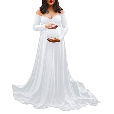 

TAIAOJING Women s Maternity Nursing Dresses Off Shoulders Long Sleeve Photography Pregnants Dress Solid Princess Dress Photo Props Dress