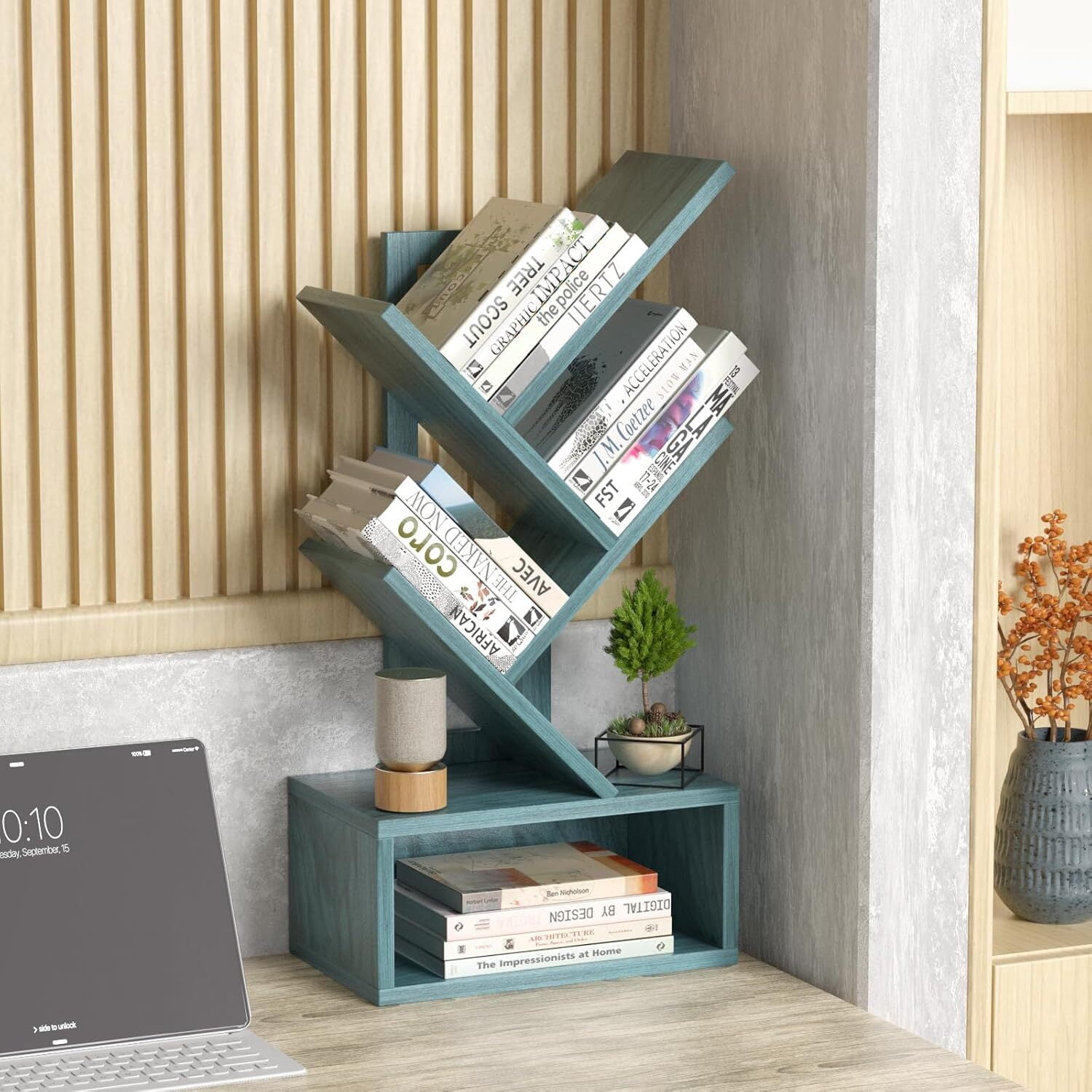 5 Tier Tree Bookshelf, Small Bookshelf, Desktop Bookshelf Floor Standing Bookcase Display for CDs/Magazine/Books, Book Organizer Shelves for Bedroom, Blue