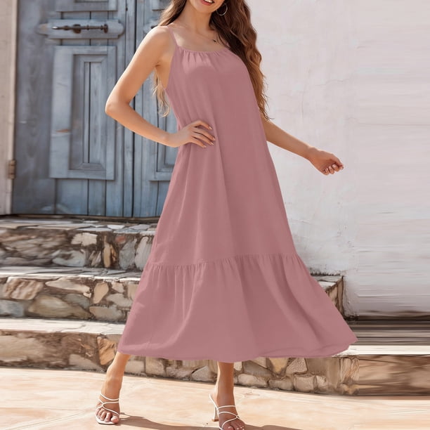 Sexy Women Summer Backless Cami Dress Vacation Dresses Spaghetti Strap Scoop Neck Smocked Ruffle Flowy Boho Maxi Dress Summer Dresses for Women