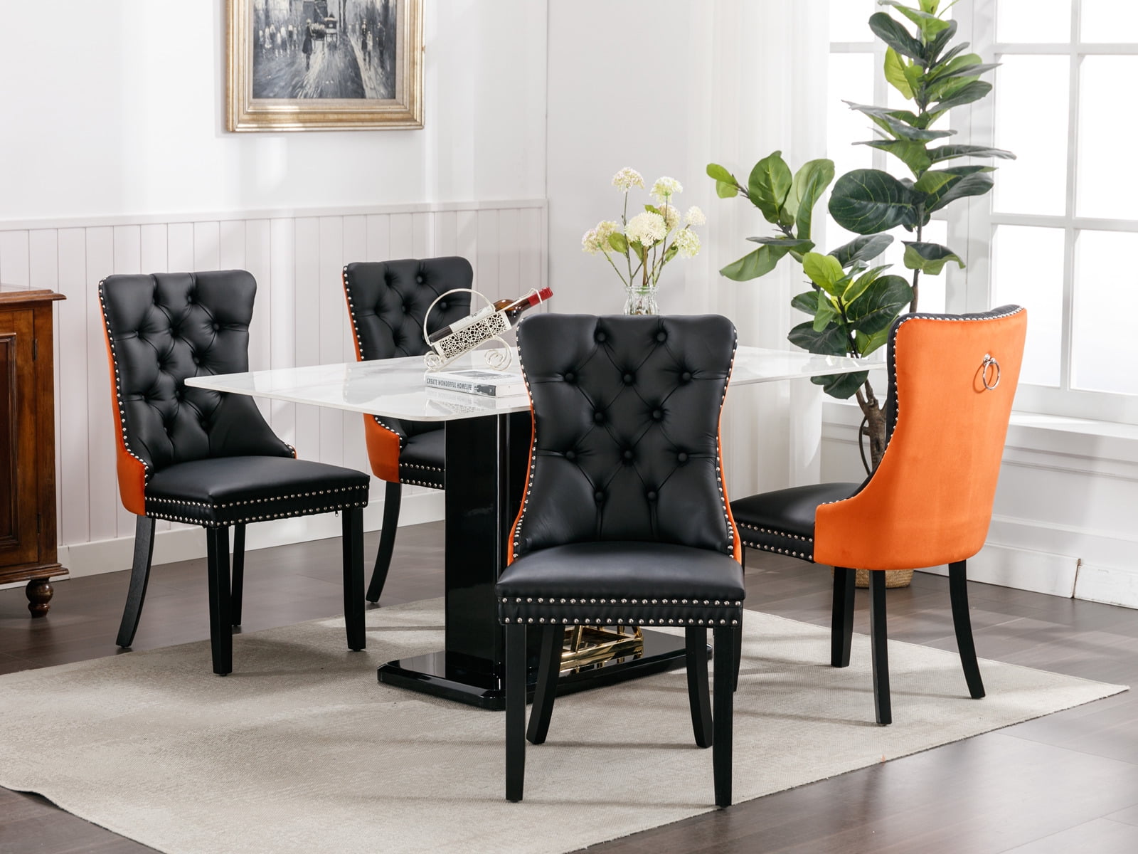 Gewnee 2-Pcs Set Modern High-end Tufted Solid Wood Contemporary PU and Velvet Upholstered Black+Orange Dining Chair with Wood Legs Nailhead Trim
