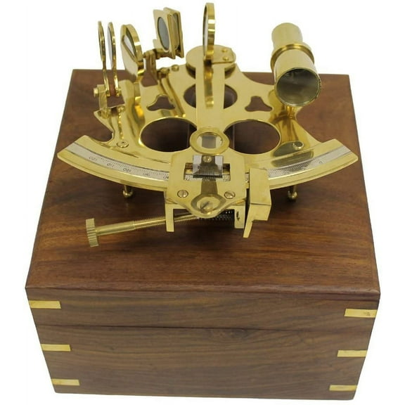 6" Brass Astrolabe Sextant w/ Decorative Wooden Box: Nautical