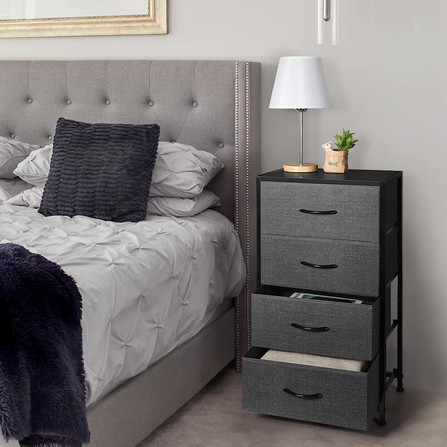 Dresser with 4 Drawers Chest Organizer with Foldable Fabric Bin, Wood Top and Steel Frame, Gray