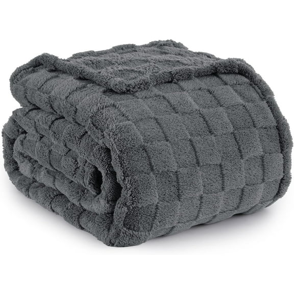 PHF Checkered Fleece Blanket Queen Size for Sofa Bed, Contemporary Flannel Fleece 3D Jacquard Fluffy Blanket, No Shedding, No Pilling, 90" x 90", Dark Grey