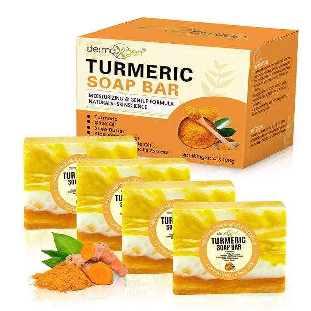 Barra de jabón DERMAXGEN con cúrcuma orgánica para rostro y cuerpo (paquete de 4)