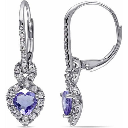 1-1/3 Carat T.G.W. Tanzanite and White Sapphire with Diamond Accent 14kt White Gold Halo Heart Earrings