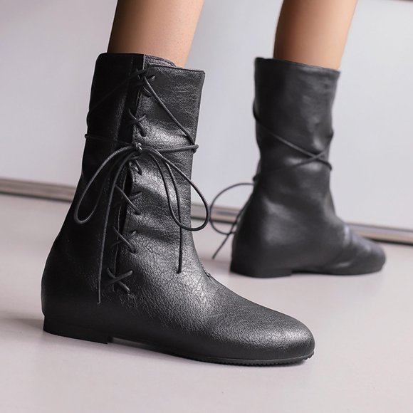 Fankiway Lace Up Boots for Women Round Toe Western Style Boots Low Heel Fall Winter Fashion Trendy Vintage Comfortable Black
