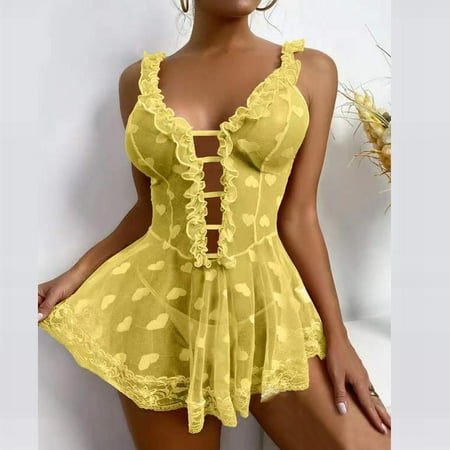 

WHLBF Women s Summer Pajama Soild Heart Print Lace Splicing Mesh Nightdress Yellow 12(XXL)