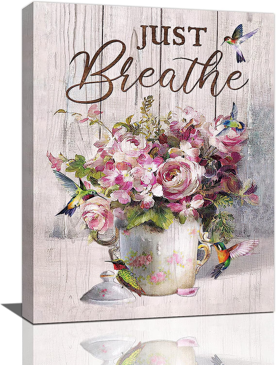 Farm Pink Rose Flower Bathroom Decor Wall Art Rustic Floral Hummingbird Just Breathe Pictures