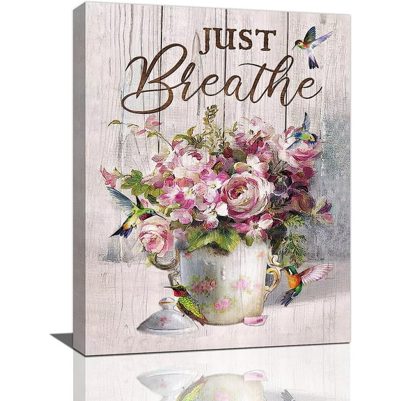 Farm Pink Rose Flower Bathroom Decor Wall Art Rustic Farmhouse Floral Hummingbird Just Breathe Pictures Wall Decor Canvas Painting Prints Artwork Home Decorations Framed for Bedroom Kitchen 12"x16"