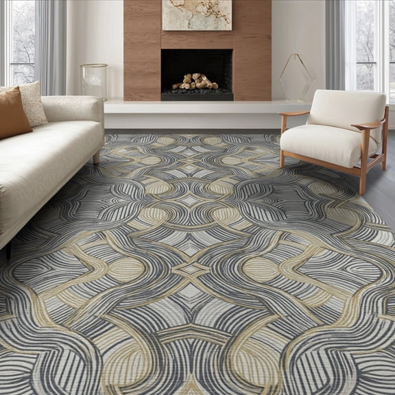 ODIKA 8'x10' Washable Area Rug Grey Under Faded Brushstroke Motifs Balanced Forms Abstract for Living Room, Sectional, Family , Durable, Non-Slip