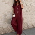 thumbnail image 2 of Women's Solid‑Color Short‑Sleeve Button‑Front Jumpsuit V‑Neck Loose Casual Wide‑Leg One‑Piece Long Pants with Pockets Wine XXL(XXL), 2 of 5