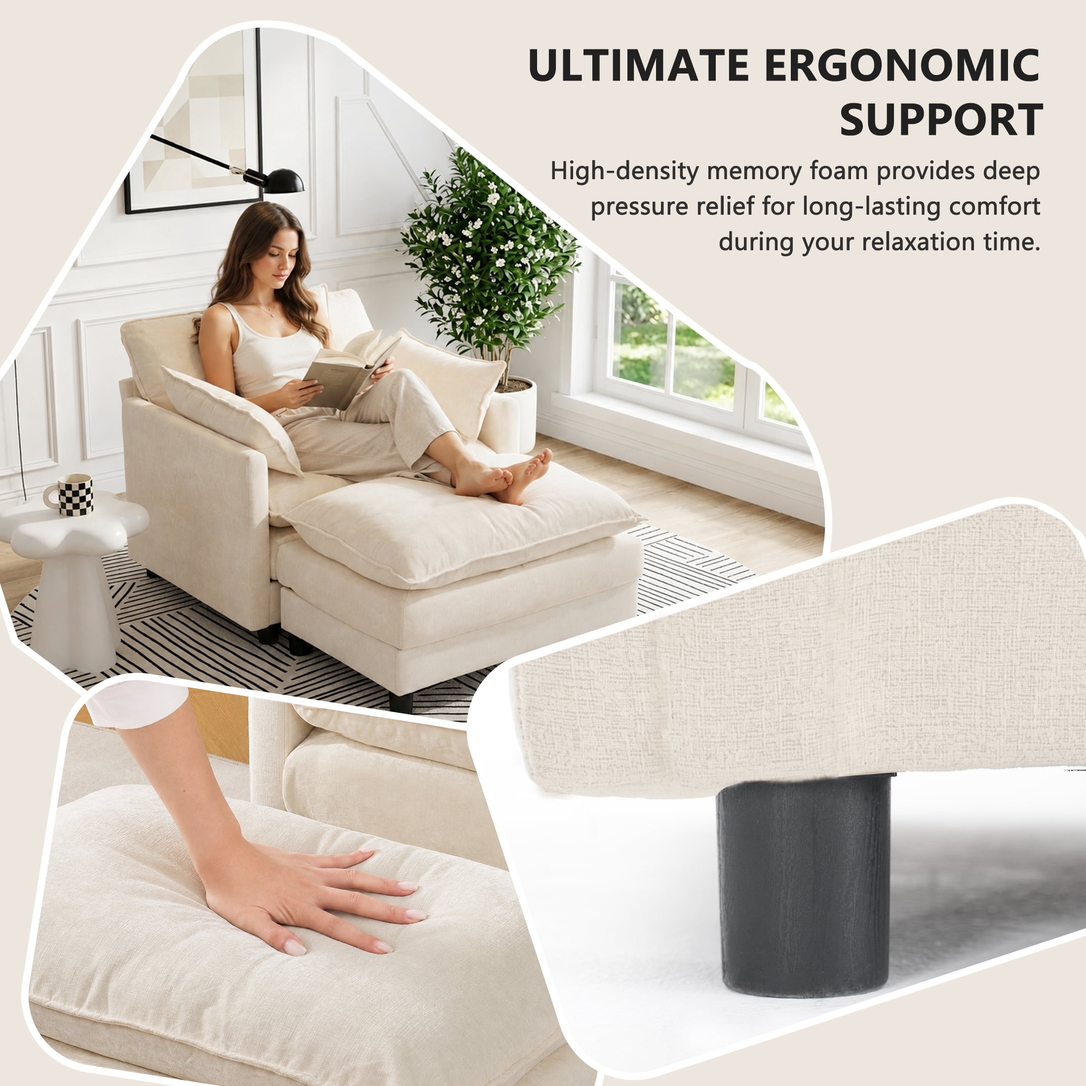 AISWORD Oversized Modular Sectional Sofa with Ottoman, Upholstered Deep Seat Chaise Lounge with Pillows for Living Room, Beige