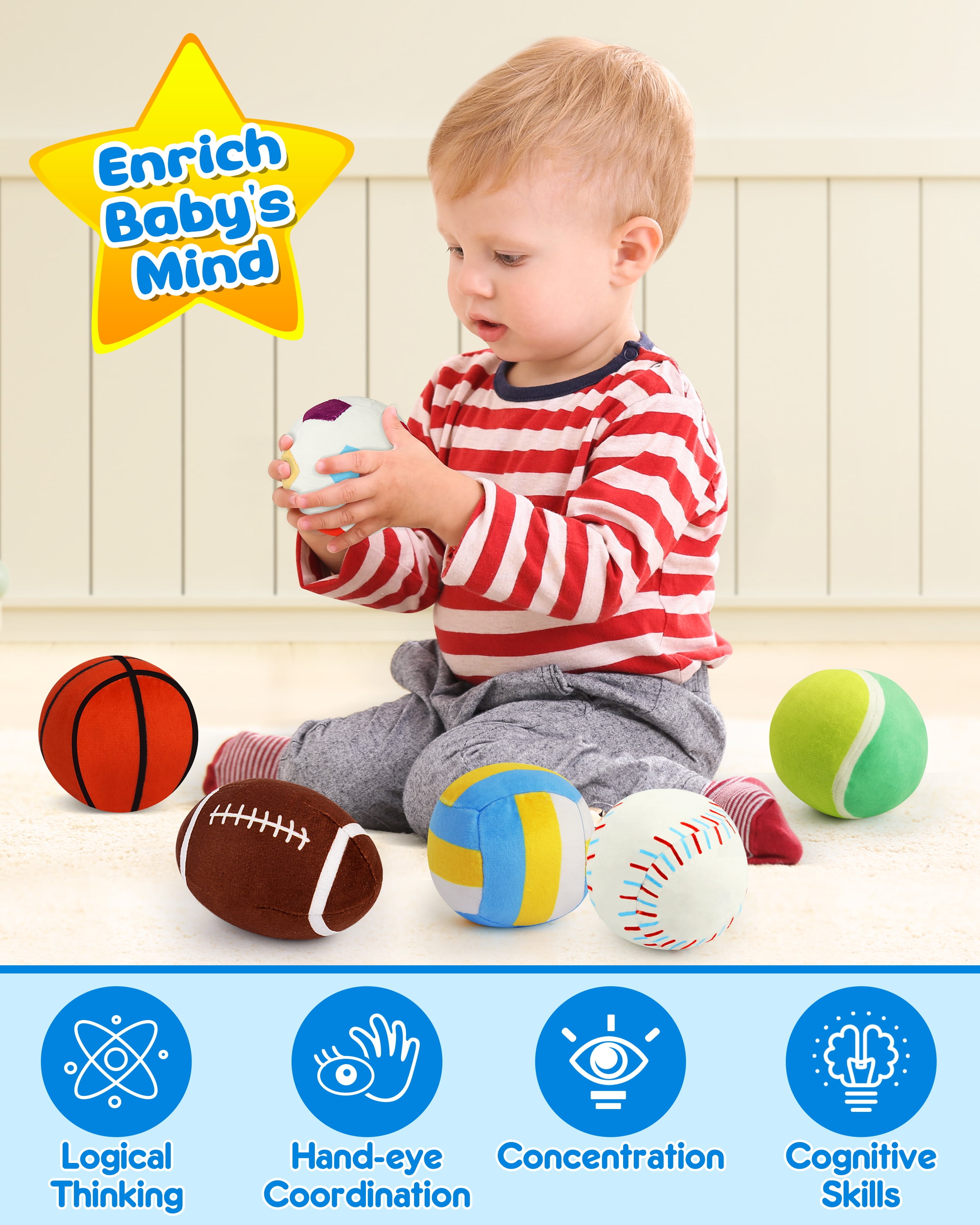 Vanmor Sensory Sports Balls for Babies 6-12M+, 6 Pack Machine Washable Plush Ball Set with Crinkle, Rattles, Squeaky Sounds, Toddler Learning Toys with Travel Bag, Baby Shower Birthday for Newborn