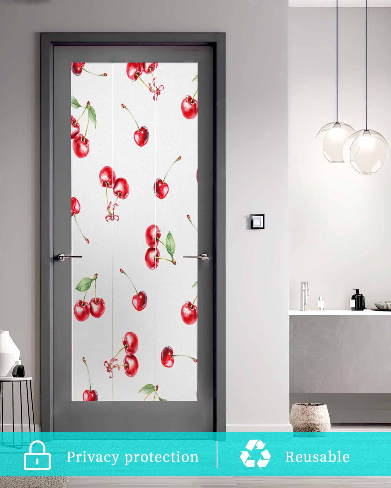 Window Privacy Film Cherry Rustic Stained Glass Window Film Decorative Sun Block Window Cover Spring Summer Tropic Fruit Watercolor Window Clings Static Adhesive Sticker for Bathroom 23.6"x59"