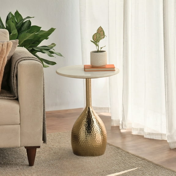 Modern Round Marble Top Side Table with Hammered Gold Base – Accent End Table for Living Room, Bedroom, or Entryway Décor