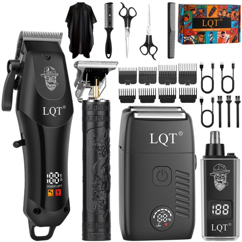 LQT 4-in-1 Men's Grooming Kit, Professional Hair Clipper, Dragon Engraved T-Blade Trimmer, Electric Foil Shaver & Nose Hair Trimmer, LED Display, Complete Barber Accessories Set, USB Rechargeable