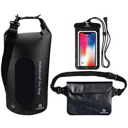 Freegrace Waterproof Dry Bags Set of 3 Dry Bag with 2 Zip Lock Seals & Detachable Shoulder Strap, Waist Pouch & Phone Case, Can Be Submerged Into Water, For Swimming (Black(Window), 5L)