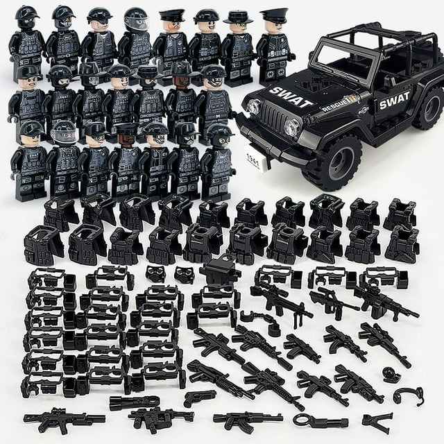 Figura de juguete de 22 piezas de coche Jeep de policía SWAT negro, minifiguras, regalo para niños