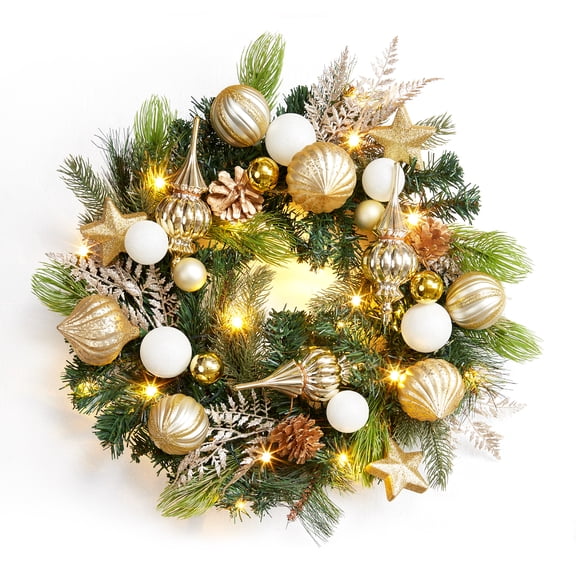 24 inch Gold Lighted Christmas Wreath,Pre-Lit Christmas Wreath with Pinecones and Gold Accents,Warm White Light Outdoor Pine Wreath Home Decorations for Front Door,Window,Gold