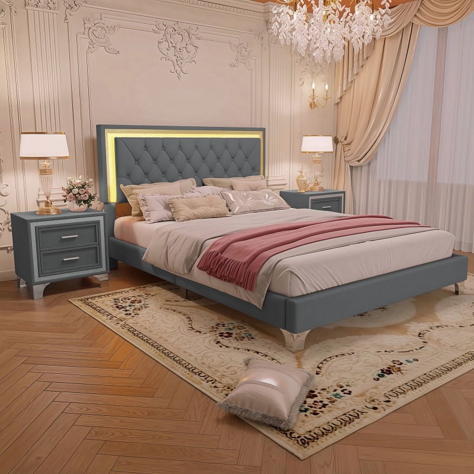 [Luckynote]3-Pieces Bedroom Sets,Queen Size Upholstered Platform Bed with LED Lights and Two Nightstands-Gray