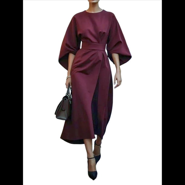 Vestido Elegante de Cóctel para Mujer, con Mangas Murciélago, Liso, Informal, Holgado, Fruncido, con Abertura, Midi y Cinturón. Vino Tinto L