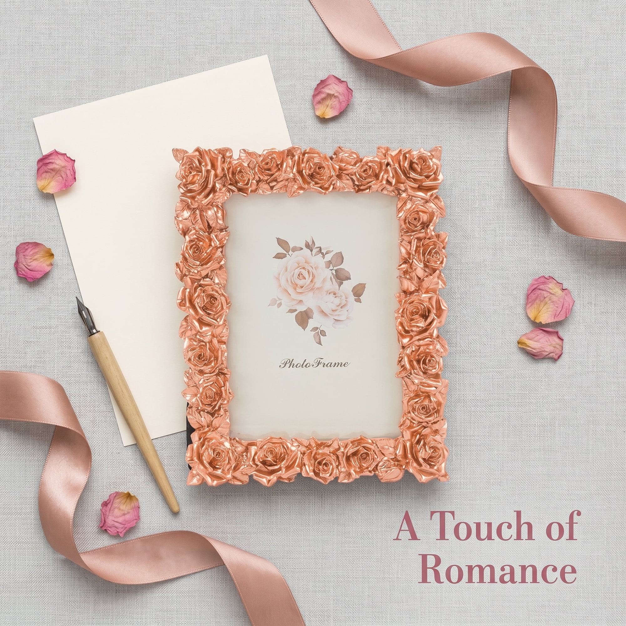 Unique Bargains 3D Rose Resin Wedding Decor Picture Frame Rose Gold 5" x 7"