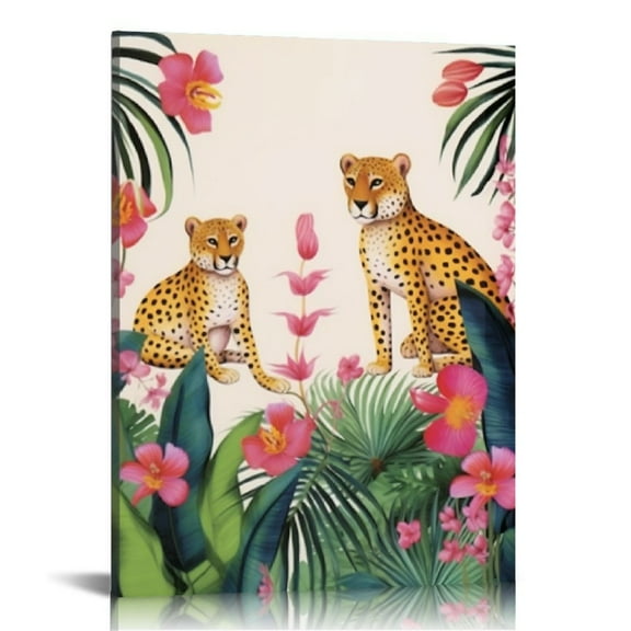 EastSmooth Leopards Canvas Poster Painting Wall Art, Tropical Leopards Picture Artwork Framed Print Ready to Hang for Home Living Room Bathroom Wall Decor