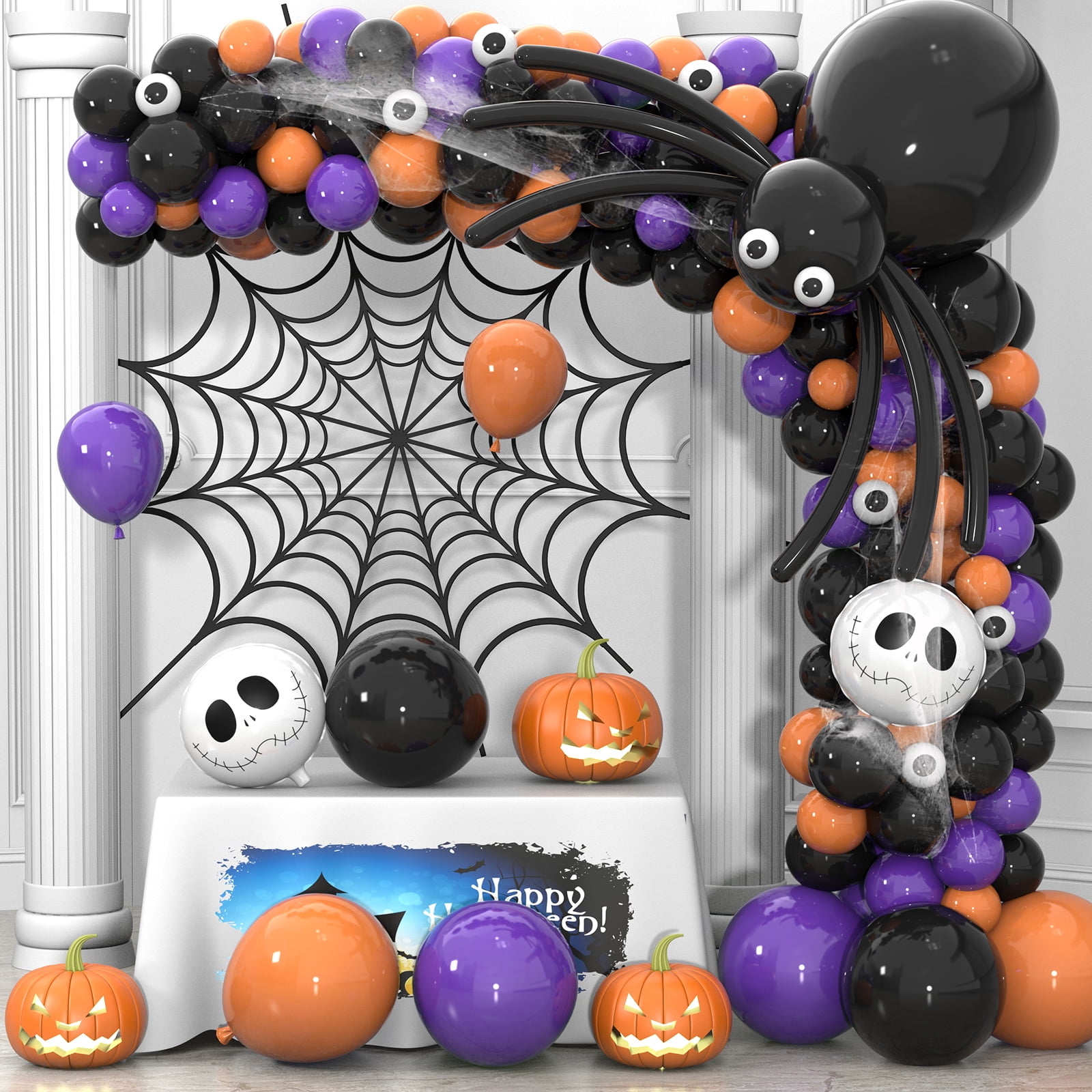 145Pcs Halloween Balloons Garland Arch Kit, Black Orange Purple Balloons Spider Balloons, Long Balloons for Halloween Theme Party Background Classroom Decorations
