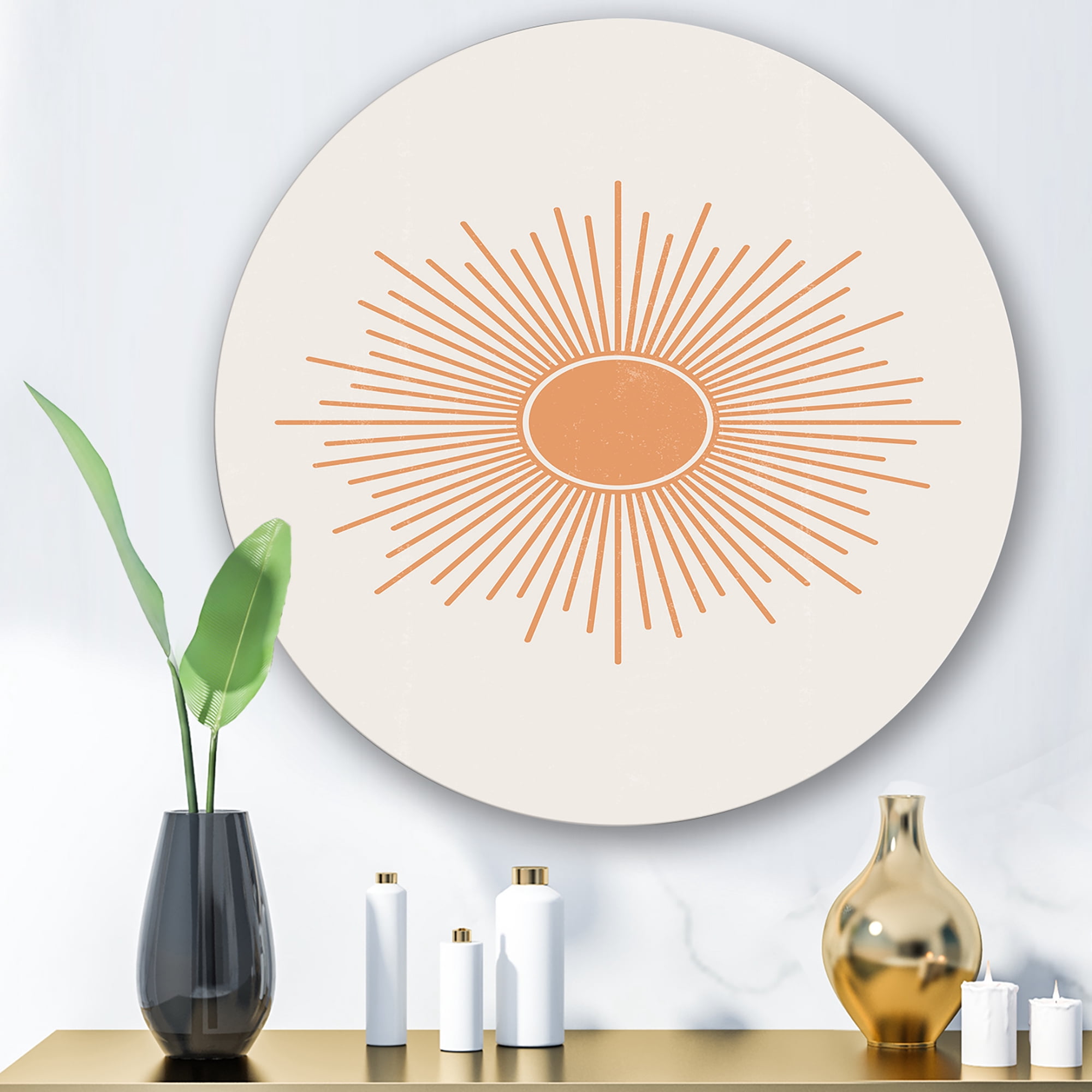 Designart 'Minimal Bright Shining Orange Sun Rays III' Modern Circle Metal Wall Art 11x11 - Disc of 11