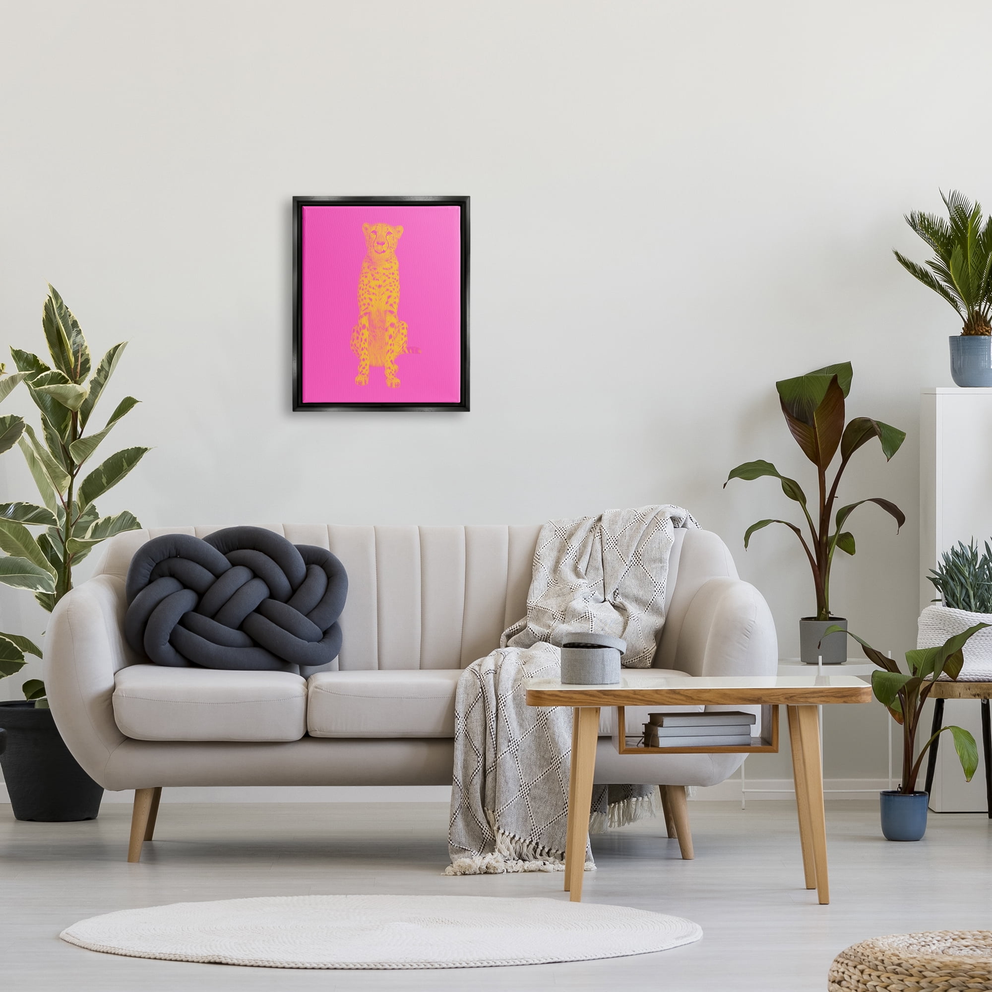 Stupell Industries Pop Pink & Yellow Leopard Animals & Insects Painting Black Floater Framed Canvas Art Print Wall Art, 17 x 21