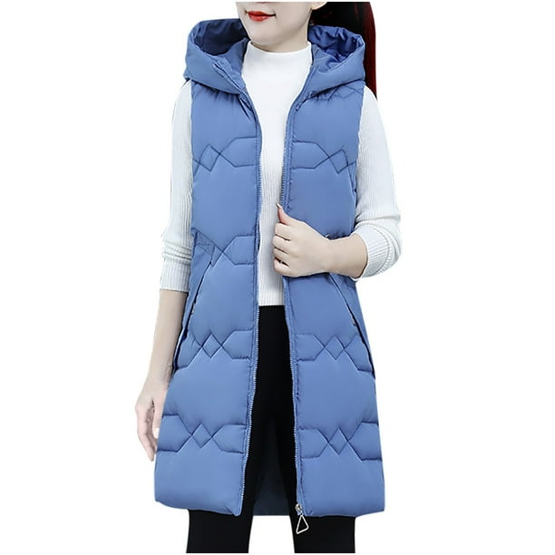 Mujeres moda con capucha cremalleras delgadas sin mangas cremallera sólido cálido abrigo Tops chaleco Fridja qr786