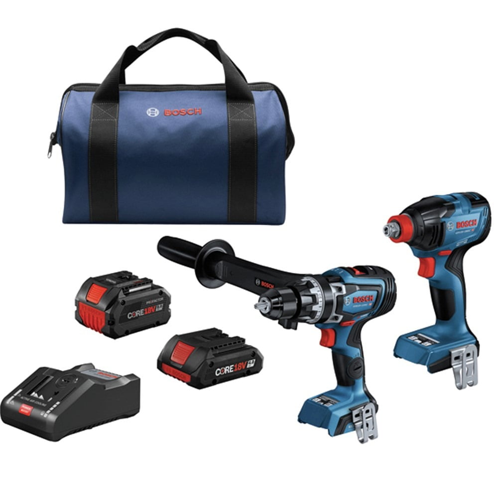 Restored Premium Bosch GXL18V-260B26-RT 18V Brushless Lithium-Ion 1/2 in. Cordless Hammer Drill Driver and Bit/Socket Impact Driver/Wrench Combo Kit with 2 Batteries (8 Ah/4 Ah) (Refurbished)