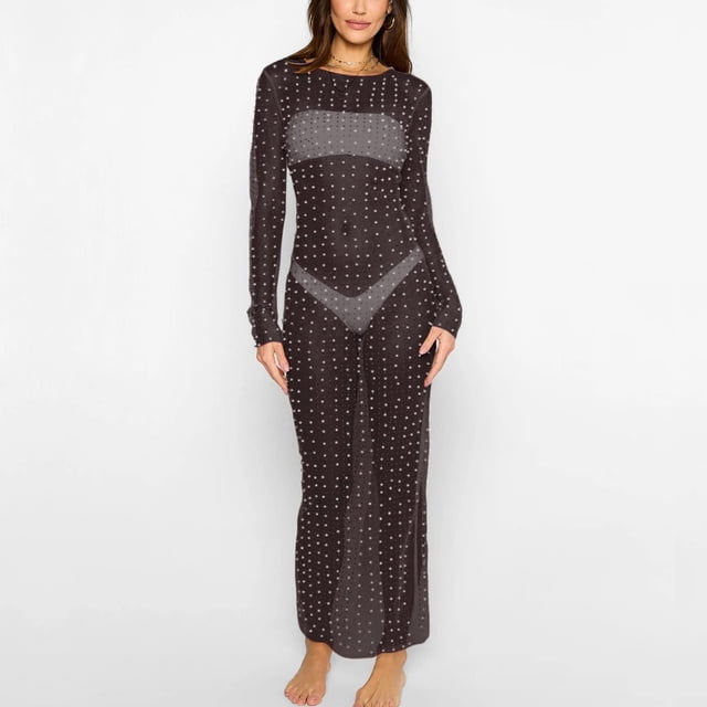LOVZFMLL Robes Femmes Robe Perles Robes d'Été pour Femmes Robe Longue Maxi pour Femmes Robe de Plage Biker Robe de Couverture Robe Longue à Manches Longues en Maille Transparente