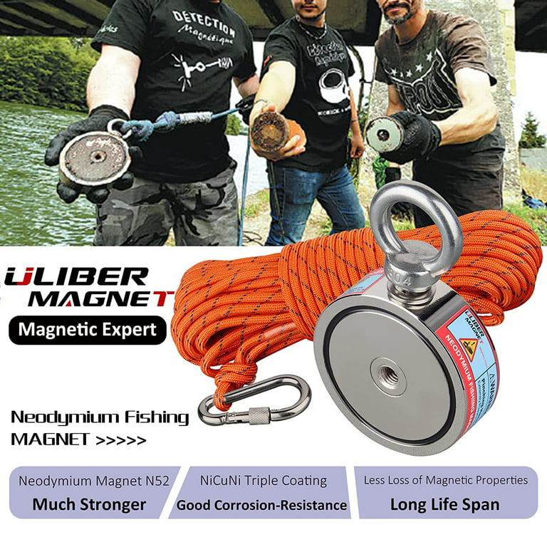 ULIBERMAGNET Fishing Magnet Kit Dia. 2.95 Double Sides Combined 1100lb Strong Neodymium Magnets with 6mm 66ft (20m) Nylon Rope & Non-Slip Gloves for