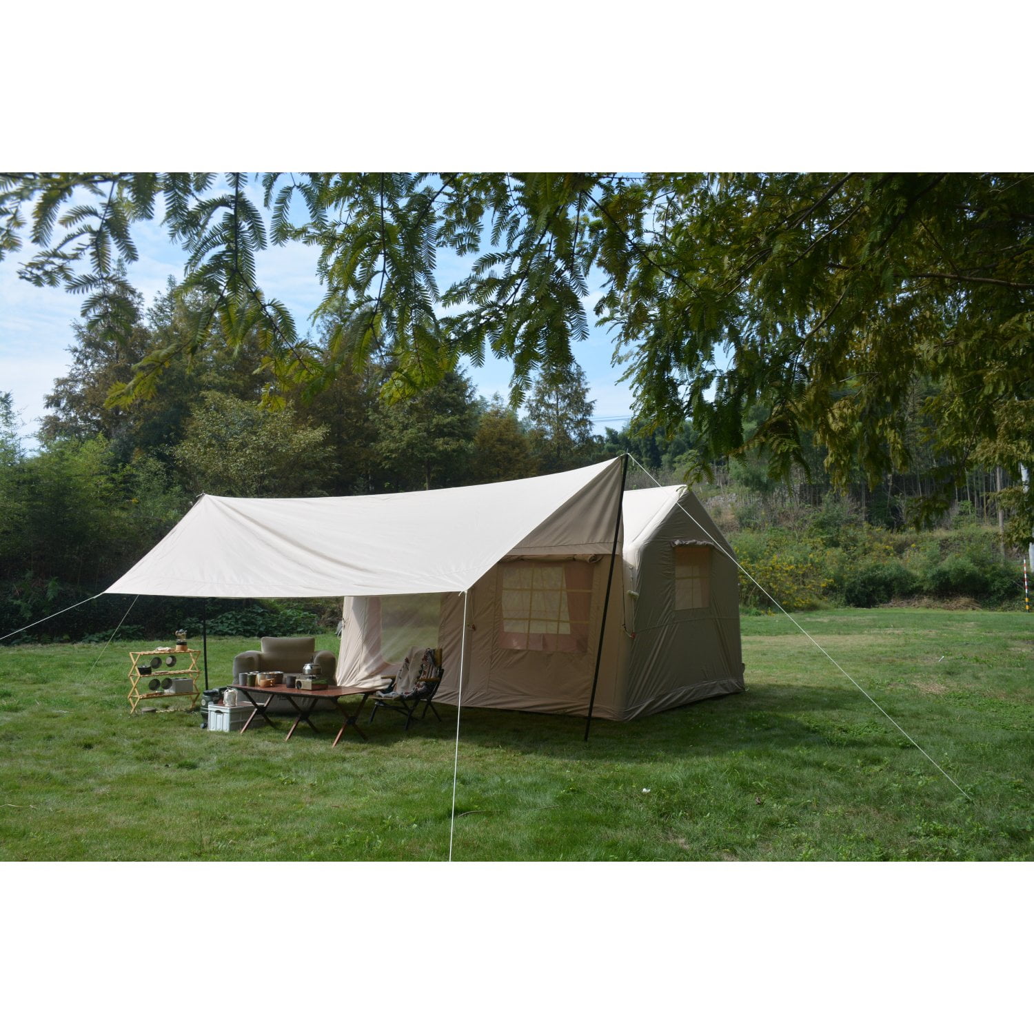Miekor Furniture 9.8 x13ft with canopy, Inflatable Camping Tents with Hand Pump, Air Glamping Tents, Easy Setup Waterproof and Windproof Blow up Tent Beige 33201