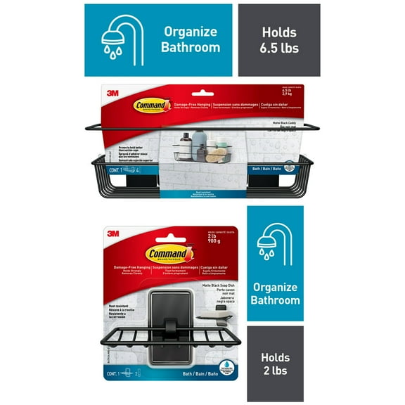 Command Bath Shower Caddy Matte Black, 1 Caddy and Command Bath Soap Dish, Matte Black