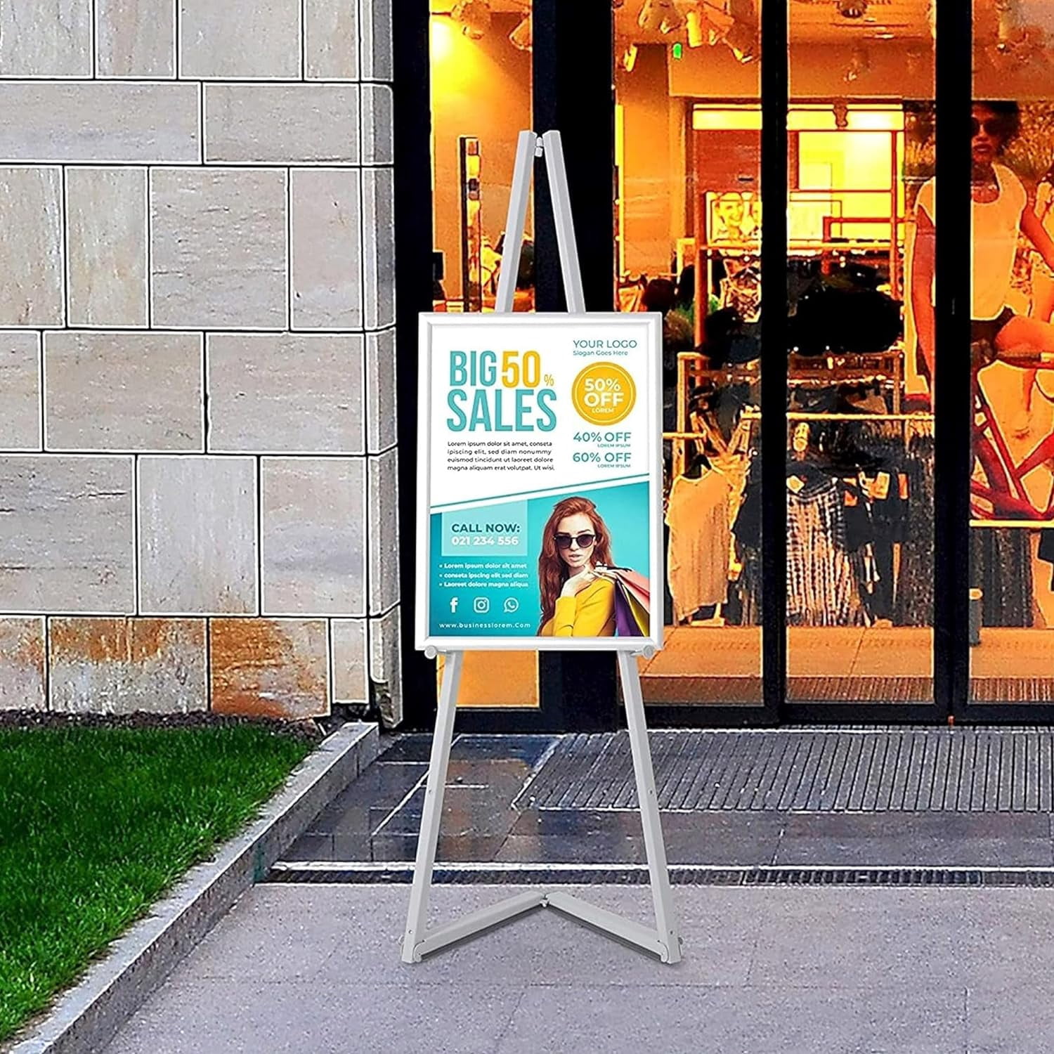 M&T Displays White Portable Easel 59 inch with 5 Different Height Adjustments Foldable and Practical Solution for Painting Canvas Presentation