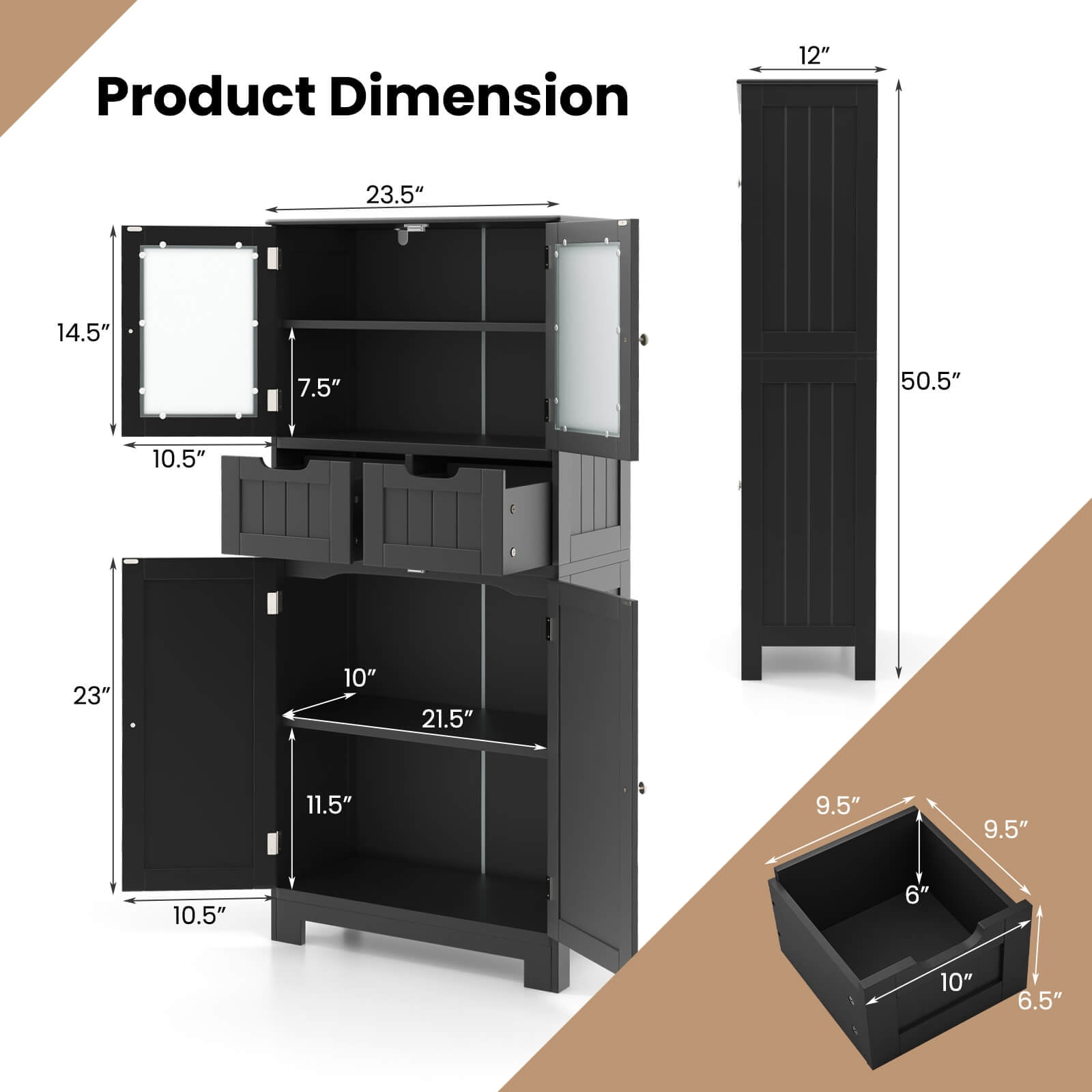 Costway Bathroom Floor Storage Cabinet Kitchen Cupboard with 2 Drawers & Glass Doors Black