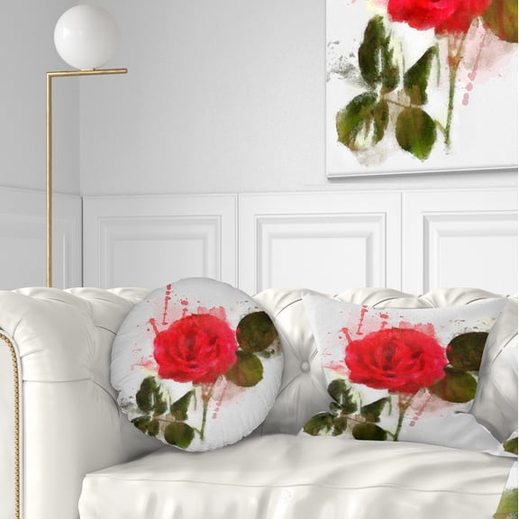 Designart Red Rose with Green Petals - Floral Throw Pillow - 12x20