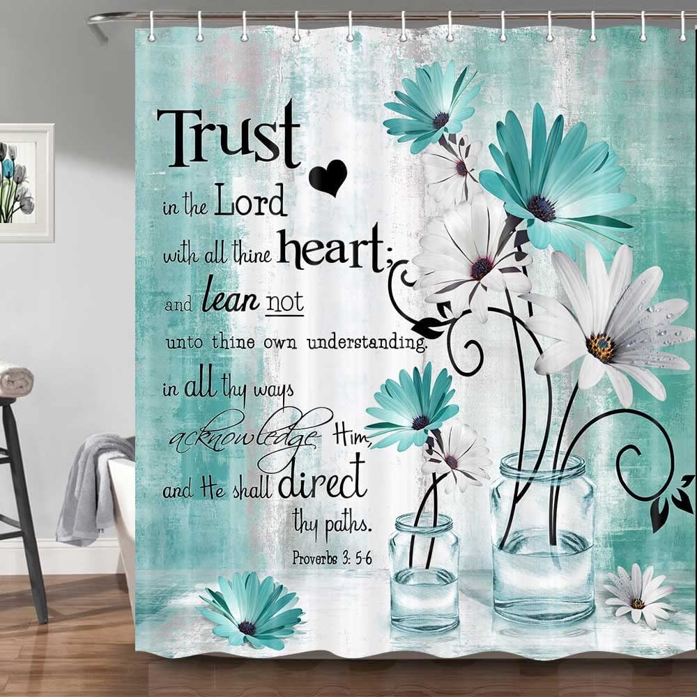 Rustic Farmhouse Shower Curtain, Farm Teal Daisy Bible Verse
