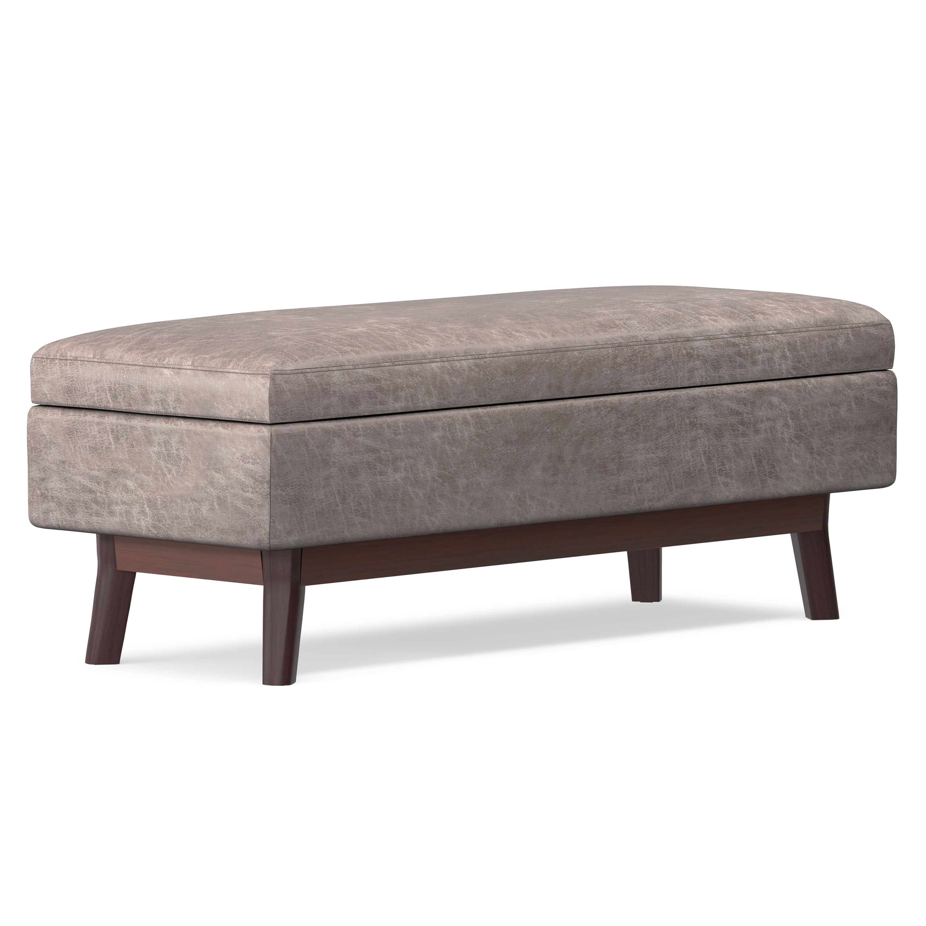 Owen 48 inch Wide Mid-Century Modern Rectangular Storage Ottoman in Distressed Grey Taupe Vegan Leather