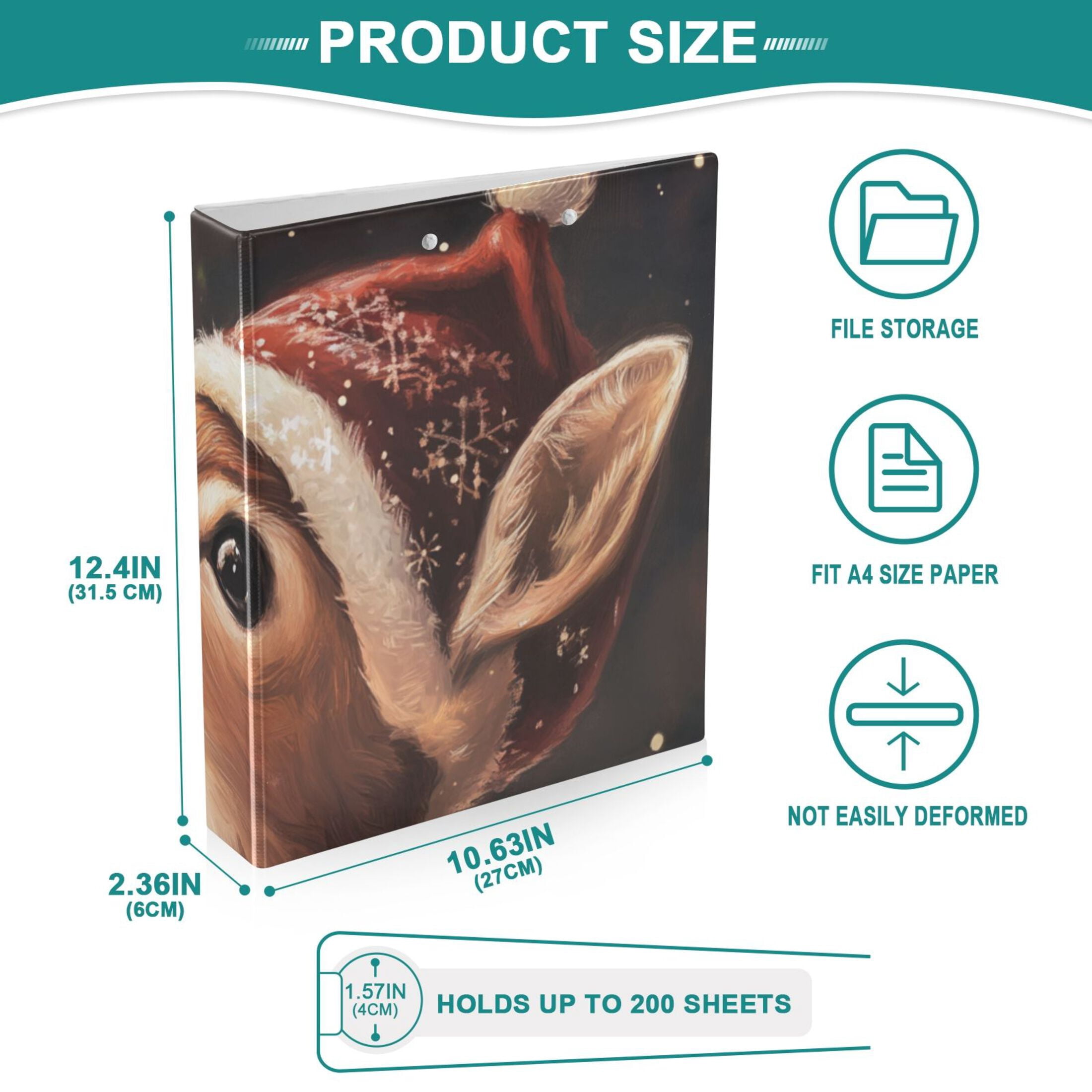 Deer Christmas Hat 3 Ring Binders 1.5 inch Hardcover File Folders with Interior Pockets A4 Size Organizer for School Office Hospital Set of 2