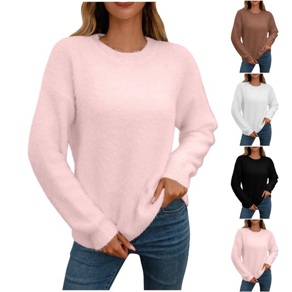 LOVZFMLL Sweaters for Women Acrylic Crew Neck Ribbed Pullover Solid Color Casual Basic Loose Classic Long Sleeve Tops Warm Fall Winter Clothes