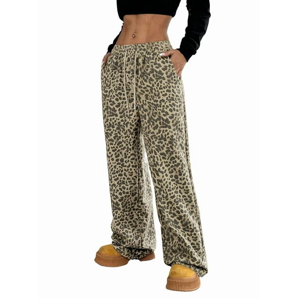 Pantalones Rectos con Estampado de Leopardo A Cuadros para Mujer, Cintura Elástica, Estilo Y2K, con Bolsillos. Leopardo XL
