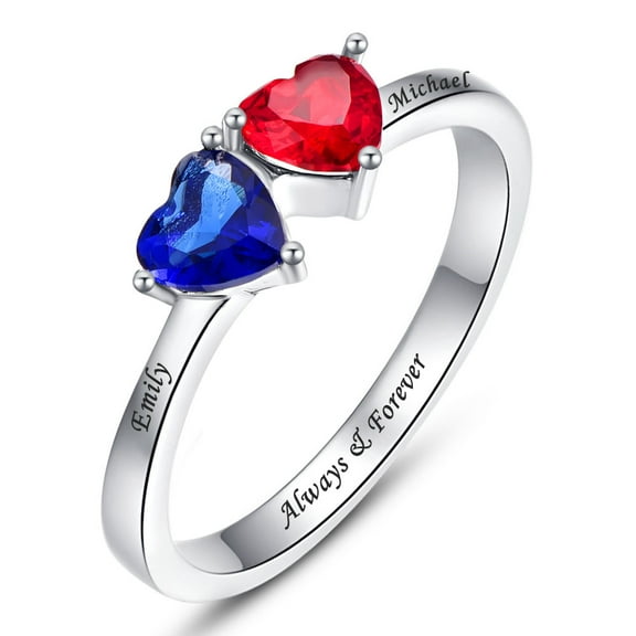 925 Sterling Silver Promise Rings Heart Cut Created Sapphire and Ruby Engraved Family Anniversary Rings