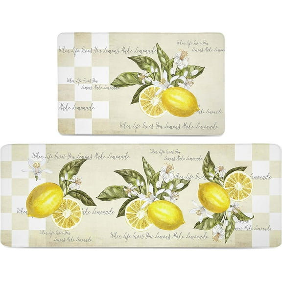 Lemon Kitchen Rug Set of 2 Buffalo Plaid Anti Fatigue Non-Slip Kitchen Mats Yellow Comfort Standing Mat Waterproof Farmhouse PVC Carpet for Kitchen Laundry Office Sink (17.3" x28"   17.3" x 47")