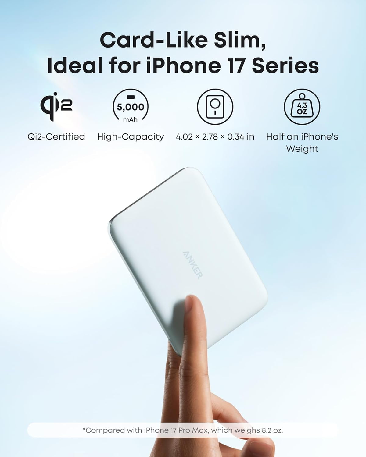 Anker Nano Power Bank, Ultra-Slim 5,000mAh Magnetic Wireless Charging Battery, Qi2 Certified 15W Max MagSafe-Compatible Portable Charger, Ergonomic Design, Compatible for iPhone Air/17/16 Series